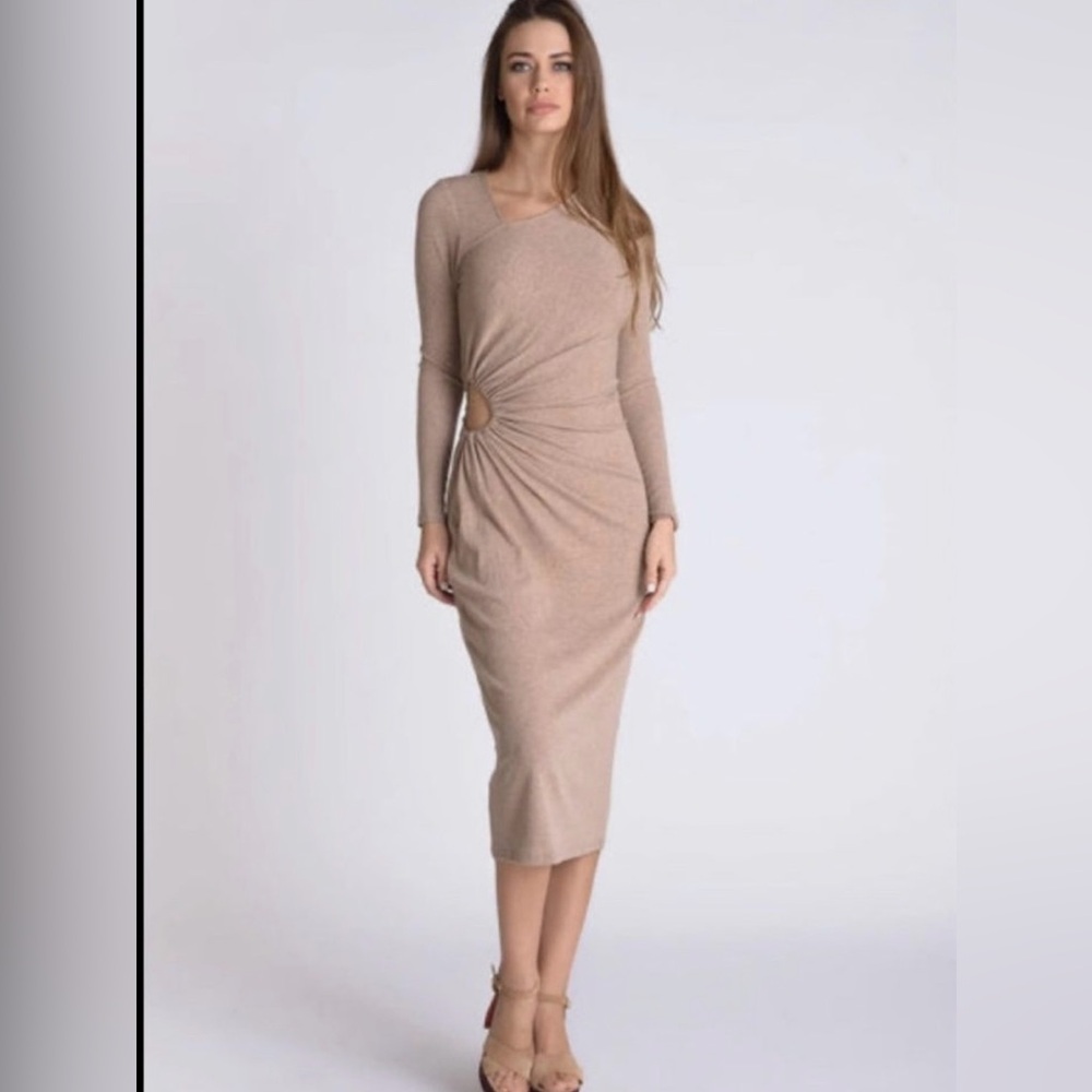 Ruche Tan Long Sleeve Dress